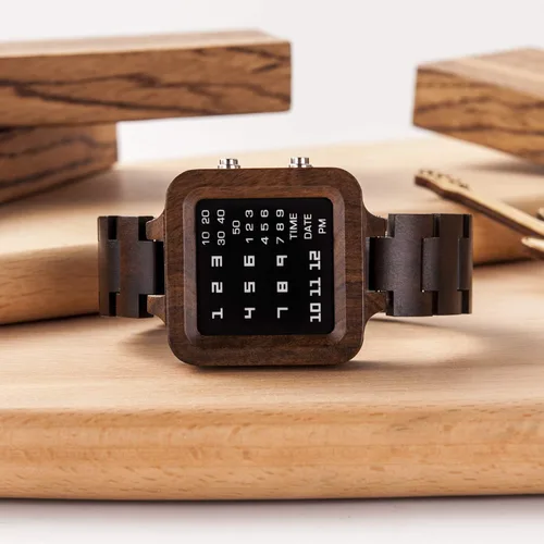 Vista 5 de BOBO BIRD Reloj digital para hombre, diseño de marca de lujo, visión nocturna, ébano, reloj de madera, reloj único con pantalla LED, Digital