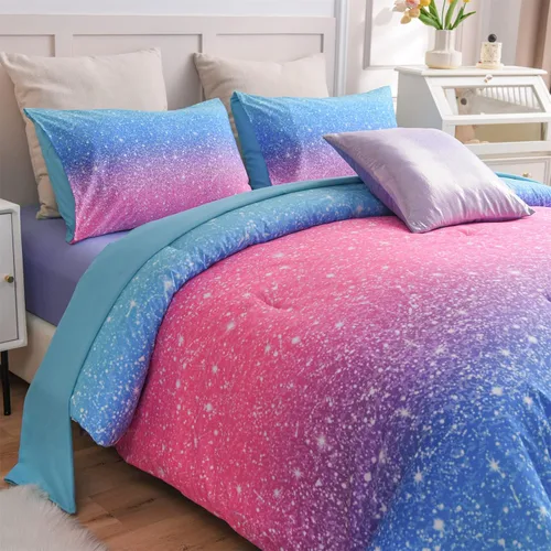 Vista 7 de A Nice Night Juego de ropa de cama de 6 piezas con purpurina degradada para niñas, tamaño completo, juego de edredón colorido de galaxia arcoíris