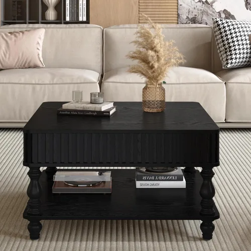 Vista 5 de Mesa de centro cuadrada de 31.5 pulgadas con tapa elevable y almacenamiento, mesas de centro modernas acanaladas con tapa elevable, mesa central