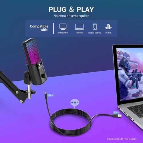 Vista 2 de FDUCE Micrófono USB para juegos RGB, micrófono condensador con silencio, ganancia, monitoreo, brazo de boom para transmisión, podcast, Twitch