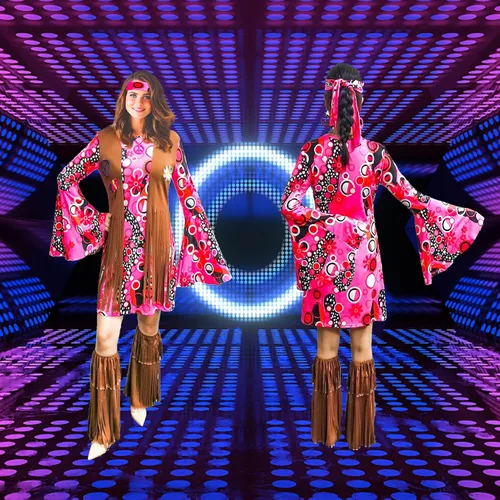 Vista 8 de ATAMET Disfraz hippie de los años 60 y 70 para mujer ropa hippy vestido de discoteca para adultos disfraz de fiesta de los años 70