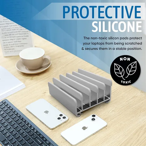 Vista 6 de Elestoria Soporte vertical para laptop de 5 ranuras, soporte vertical de aluminio para computadora de escritorio, ancho ajustable (0.472-1.496 in)