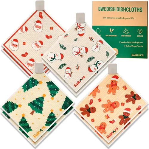Vista 21 de Eulnars - Toallas de papel reutilizables, paquete de 8 paños de cocina suecos con 3 clips, negro y blanco, algodón, 200 lavados Negro Blanco