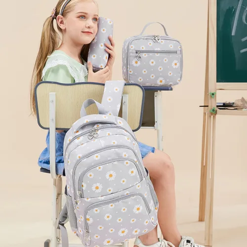 Vista 2 de Mochila para niñas y niños, mochila para la escuela primaria, bolsas para adolescentes y niñas con juego de lonchera (gris margarita)