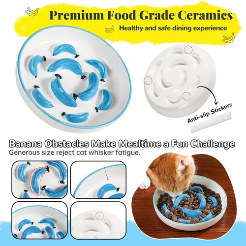 Vista 4 de Cuenco de alimentación lenta para gatos de cerámica - Cuenco vibrante para gatos - Lindo plato de comida con laberinto para comer lento - Apto