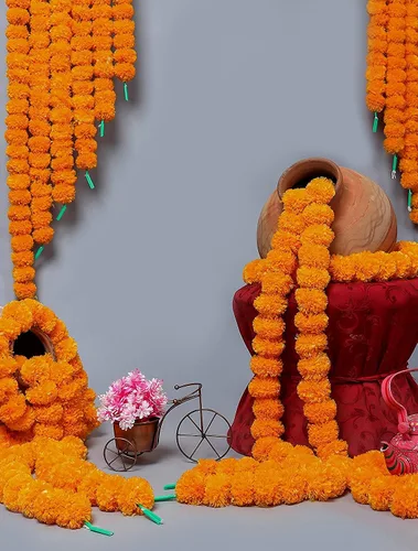 Vista 5 de Guirnalda de caléndula para decoración de flores artificiales de caléndula de 5 pies de largo, decoración india para Pooja, boda, Navidad, eventos