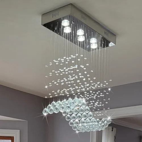 Vista 3 de Araña moderna de onda, araña rectangular de cristal con gotas de lluvia, montaje empotrado, lámpara colgante de techo cromada, ideal para comedor