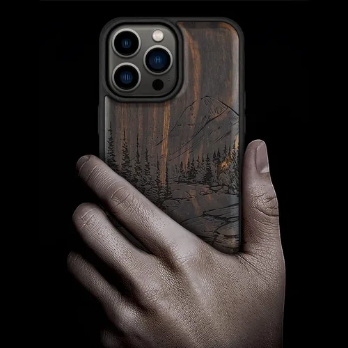 Vista 2 de Carveit Funda magnética de madera para iPhone 14 Pro Max [madera natural y TPU suave negro] Funda protectora de madera única y elegante a prueba