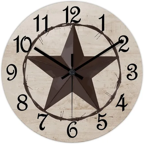 Vista 8 de Reloj de pared con diseño de estrella de Texas occidental, reloj de madera retro sin tictac, silencioso a pilas, fácil de leer, elegante reloj