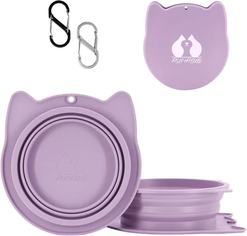 Vista 9 de RUNROLE Cuencos plegables de silicona 2 en 1 para viaje, se juntan y usan por separado, cuencos portátiles para agua y alimentos para mascotas, Rosa