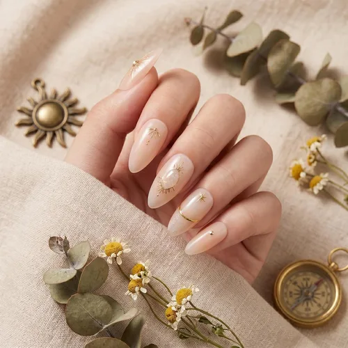 Vista 2 de Sun&Beam Nails Dije hecho a mano de almendra media larga con diseño de diamante de color nude, lindas puntas de uñas postizas, 10 unidades (#99 S)
