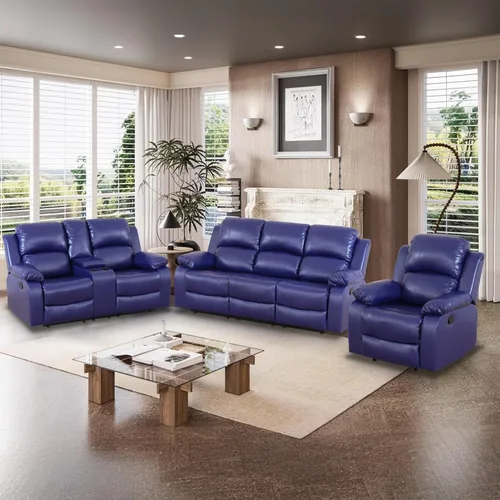 Vista 39 de Juego de Muebles para Sala de Estar, Juego de Sofá Reclinable Manual, Juegos de Sofás Reclinables de Cuero Beige con Mesa Desplegable, Sofá