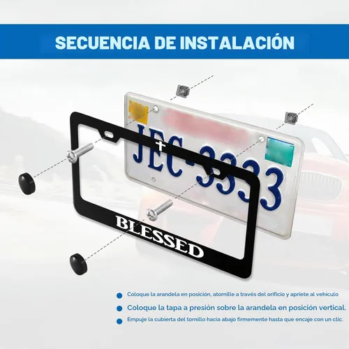 Vista 4 de Divertido marco de aluminio de metal para placa de matrícula con textos humorísticos, cubierta de automóvil Blessed Christian Black con 2 agujeros
