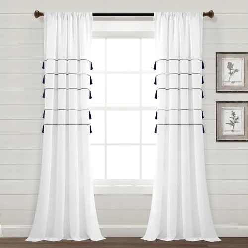 Vista 7 de Lush Decor Cortinas de ventana de mezcla de algodón teñido con borlas, estilo bohemio, estilo bohemio, a rayas, 42 pulgadas de ancho x 84 pulgadas