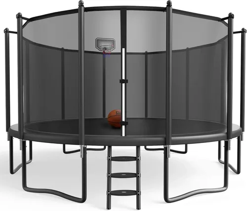 Vista 9 de YORIN Trampolín al aire libre【Espesor mejorado】16 pies, 15 pies, 14 pies, 12 pies, 10 pies, 10 pies con aro de baloncesto de 1500 libras, aprobado