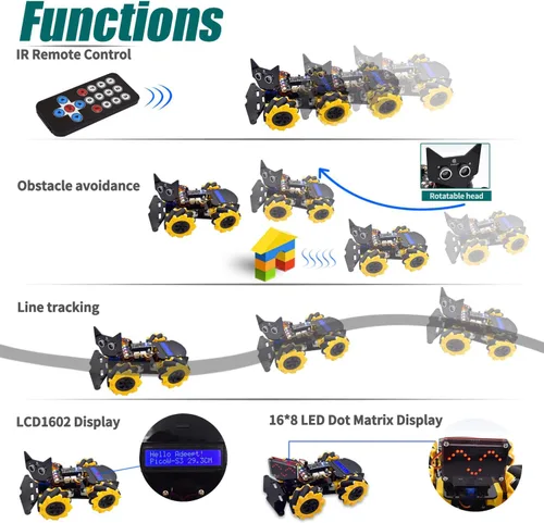 Vista 4 de Adeept Kit robótico de ruedas mecánicas omnidireccionales 4WD para ESP32-S3 Banana Pi PicoW-S3 DIY STEM Remote Controlled Robot Kit con pantalla