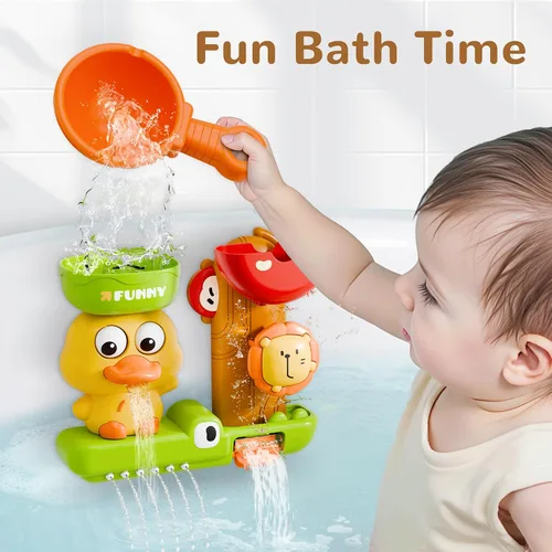 Vista 2 de iPlay, iLearn Juguete de baño para niños pequeños de 1 a 3 años, juguete de bañera de pato con ventosa, juego de bañera para niños, juego de ducha