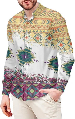 Vista 19 de Camisas aztecas grandes y altas para hombre, diseño étnico azteca tribal del suroeste, camiseta delgada de manga larga con botones