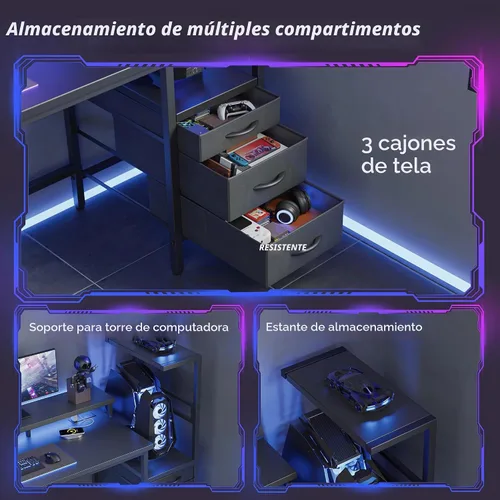 Vista 5 de Mericonia Escritorio para juegos de 52 pulgadas con cajones, escritorio reversible para computadora, color negro