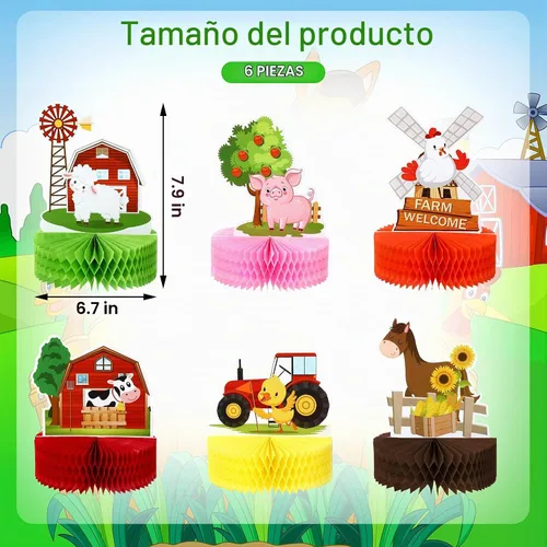 Vista 2 de Threan - Centro de mesa de 6 piezas de decoración de fiesta de cumpleaños de animales de granja