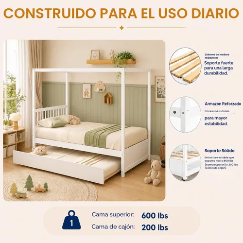 Vista 5 de NAFORT Cama con dosel de tamaño matrimonial con nido, marco de madera maciza para niños y adolescentes, soporte resistente de 600 libras, cama
