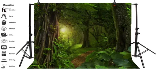 Vista 3 de Telón de fondo de fotos de cuento de hadas de 5 x 3 pies para niños, fiesta de cumpleaños, eventos, decoración de bosque perenne, selva, paisaje