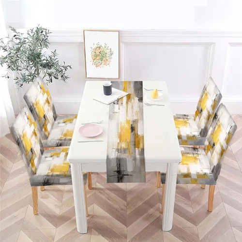Vista 8 de MCALK Juego de 4 fundas para sillas color marrón y mantel para mesa, fundas elásticas color gris oscuro para sillas de cocina, fundas protectoras