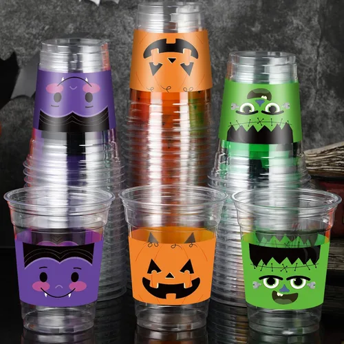 Vista 8 de Meanplan 90 vasos de plástico para fiesta de Halloween de 12 onzas desechables transparentes con estampado aterrador para licor, café, jugo