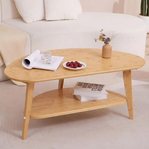 Vista 2 de Mesa auxiliar moderna de mediados de siglo, mesas de centro ovaladas con almacenamiento para sala de estar, mesa central de madera maciza de 2