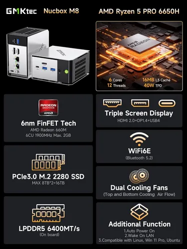 Vista 2 de GMKtec M8 Mini PC AMD Ryzen 5 PRO 6650H (Turbo 4.5GHz) 1TB SSD 16GB LPDDR5
