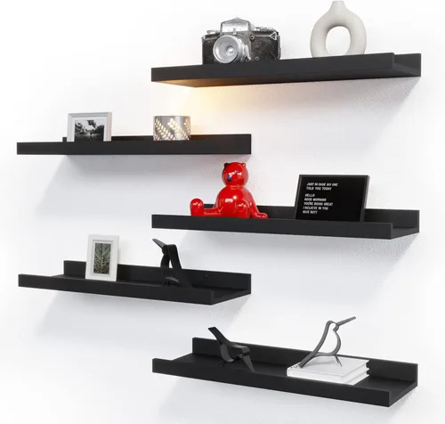 Vista 11 de RICHER HOUSE Juego de 3 estantes flotantes para pared, estantes negros de 16 pulgadas para montar en la pared con borde para almacenamiento, estante