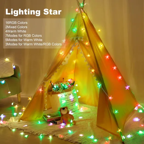 Vista 6 de OMIKA Guirnalda de luces de estrella con pilas, 33 pies, 60 LED, con control remoto, cambio de color, luces de estrella para interiores, dormitorio