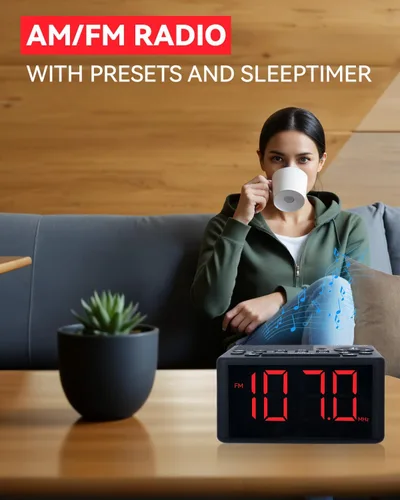 Vista 2 de Reloj de alarma digital con radio AM/FM, preajustes, alarmas duales, alarma de días laborables/fines de semana, función de repetición, temporizador