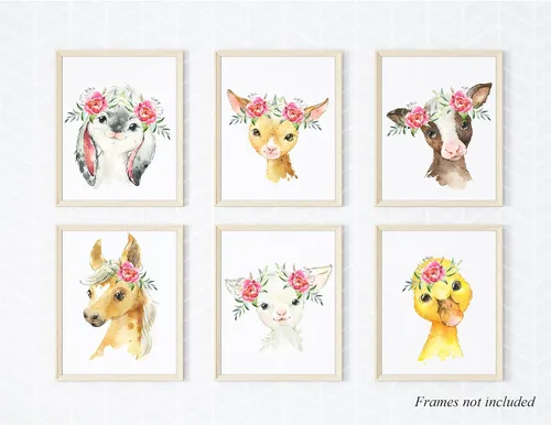 Vista 3 de Arte de pared de animales de granja (juego de 6 sin marco) pintura de acuarela para habitación de niños, papel de póster de 8 x 10 pulgadas, kit