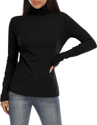 Vista 4 de Camiseta básica de algodón de manga larga de cuello alto para mujer Slim Fit elástico Tee Tops