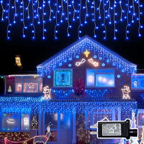 Vista 12 de Luces de Navidad de carámbano para exteriores - 200 LED 6.4+4.9 m 8 modos, cortina de luces de hadas en forma de guirnalda, enchufables