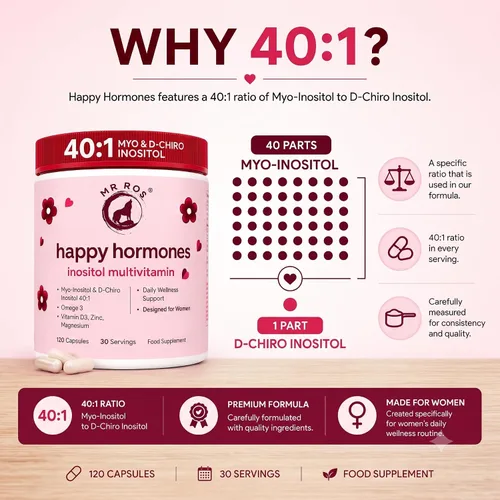 Vista 5 de Hormonas Felices • Multivitaminas para PCOS para Mujeres – Inositol Myo & D-Chiro 40:1, Omega-3, Vitamina D3, Zinc y Magnesio • Equilibrio Hormonal