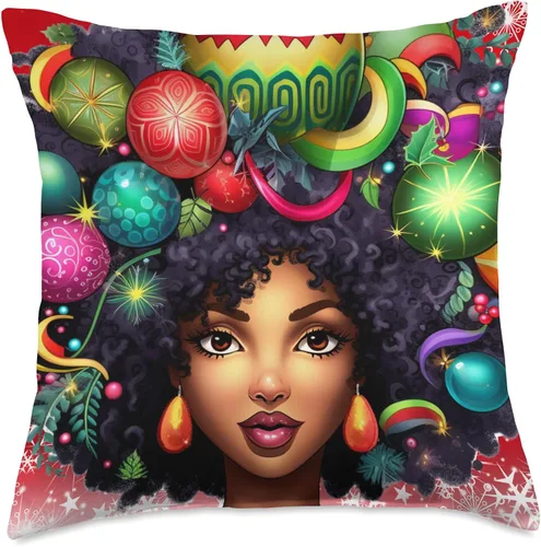 Vista 4 de Black women Christmas ornament melanin curly hair Melanin Christmas Queen Xmas Black Girl Magic Ornament Throw Pillow, 16x16, Multicolor
