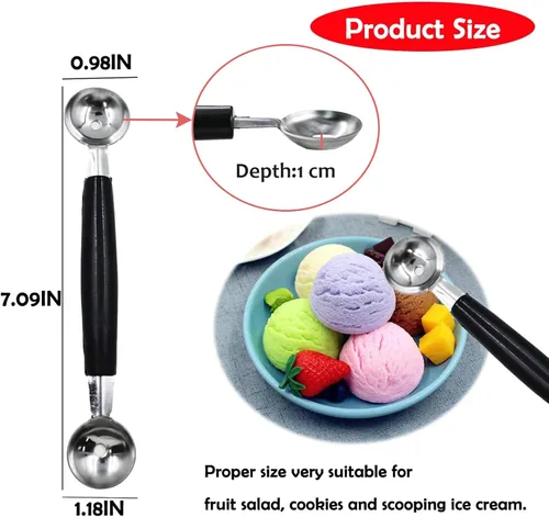 Vista 2 de Paquete de 2 cucharas de bola de helado de fruta de doble extremo, bola de fruta de acero inoxidable 430, bolas de melón redondas lisas para sandía