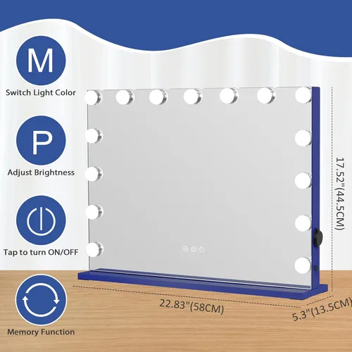 Vista 2 de HOMPEN Espejo de maquillaje con luces, espejo de tocador grande iluminado Hollywood con 15 bombillas LED regulables, 3 modos de color, control