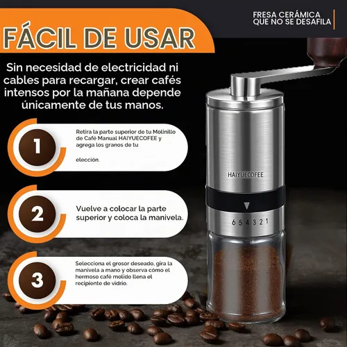 Vista 5 de Molinillo de café manual con 6 ajustes de grosor ajustables, molinillo de café con manivela de mano con rebabas de cerámica para granos de expreso
