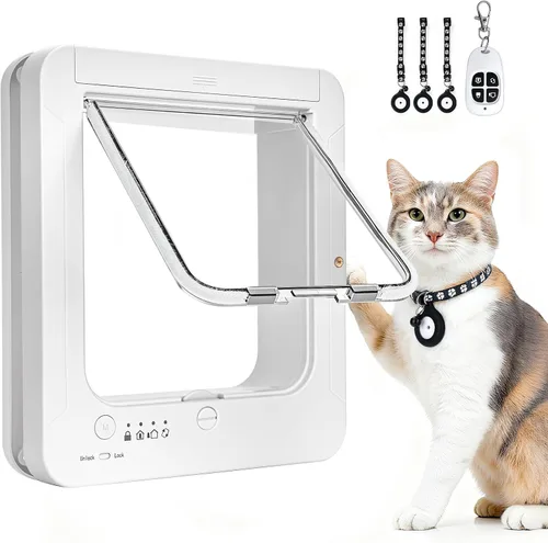 Vista 9 de Puerta inteligente para gatos para interior y exterior, puerta para mascotas con 3 llaves de sensor de collar y 1 control remoto y bloqueo de 4 vías