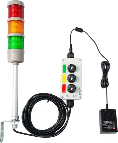 Vista 10 de 3-Stack LED Andon Tower Light: kit de advertencia industrial R/Y/G Plug-and-Play: ABB Switch, Mean Well 120V-24V Power Adapter & 16ft Extension