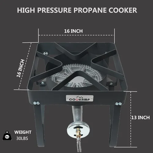 Vista 3 de COOKAMP Quemador de Propano de Alta Presión 200,000 BTU Banjo de 1 Quemador para Exterior con Regulador Ajustable de 0-30 PSI y Manguera de Acero