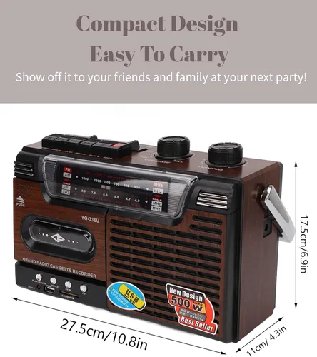 Vista 5 de Grabador de reproductor de casete de cinta, estilo clásico de los años 80 portátil Boombox SW1 SW2 AM Radio FM, altavoz estéreo sin ruido estéreo
