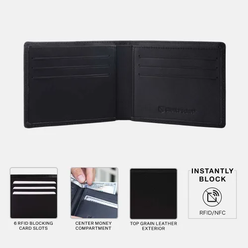 Vista 3 de SLNT - Cartera de piel napa con bloqueo de señal RFID y NFC, doble pliegue, asegura tu información, evita piratería y robo de identidad, 6 ranuras
