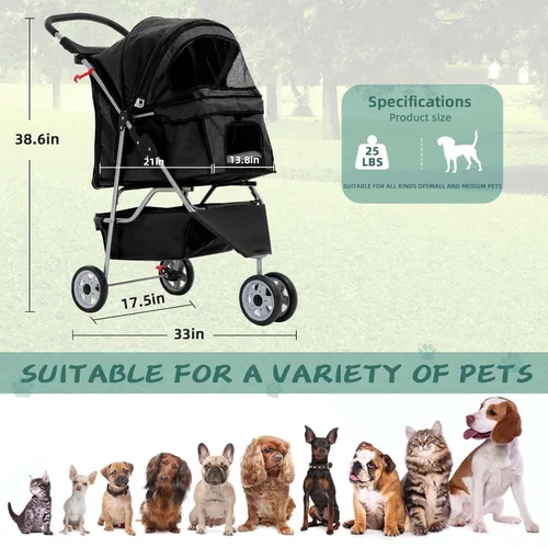 Vista 6 de Cochecito para perros con cesta de almacenamiento, cochecito para mascotas de 3 ruedas, transpirable, compacto, portátil, plegable, para viajes