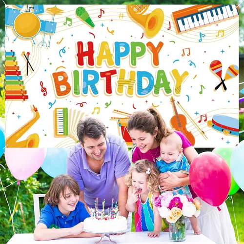 Vista 5 de Cartel de notas musicales para niños, decoración de feliz cumpleaños, instrumento musical, fondo de fiesta de rock and roll para niños y niñas
