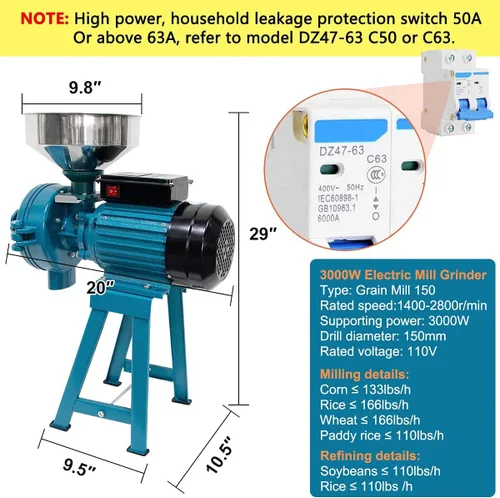 Vista 6 de Slsy Molinillo eléctrico de grano húmedo y seco de alta resistencia, fresadora de alta potencia de 3000 W, molinillo de grano comercial de 110 V