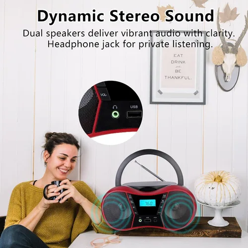 Vista 6 de Boombox Reproductor de CD Portátil, Reproductores de CD Portátiles para el Hogar, Reproductor de CD de Radio Estéreo con AUX/USB/FM/Bluetooth